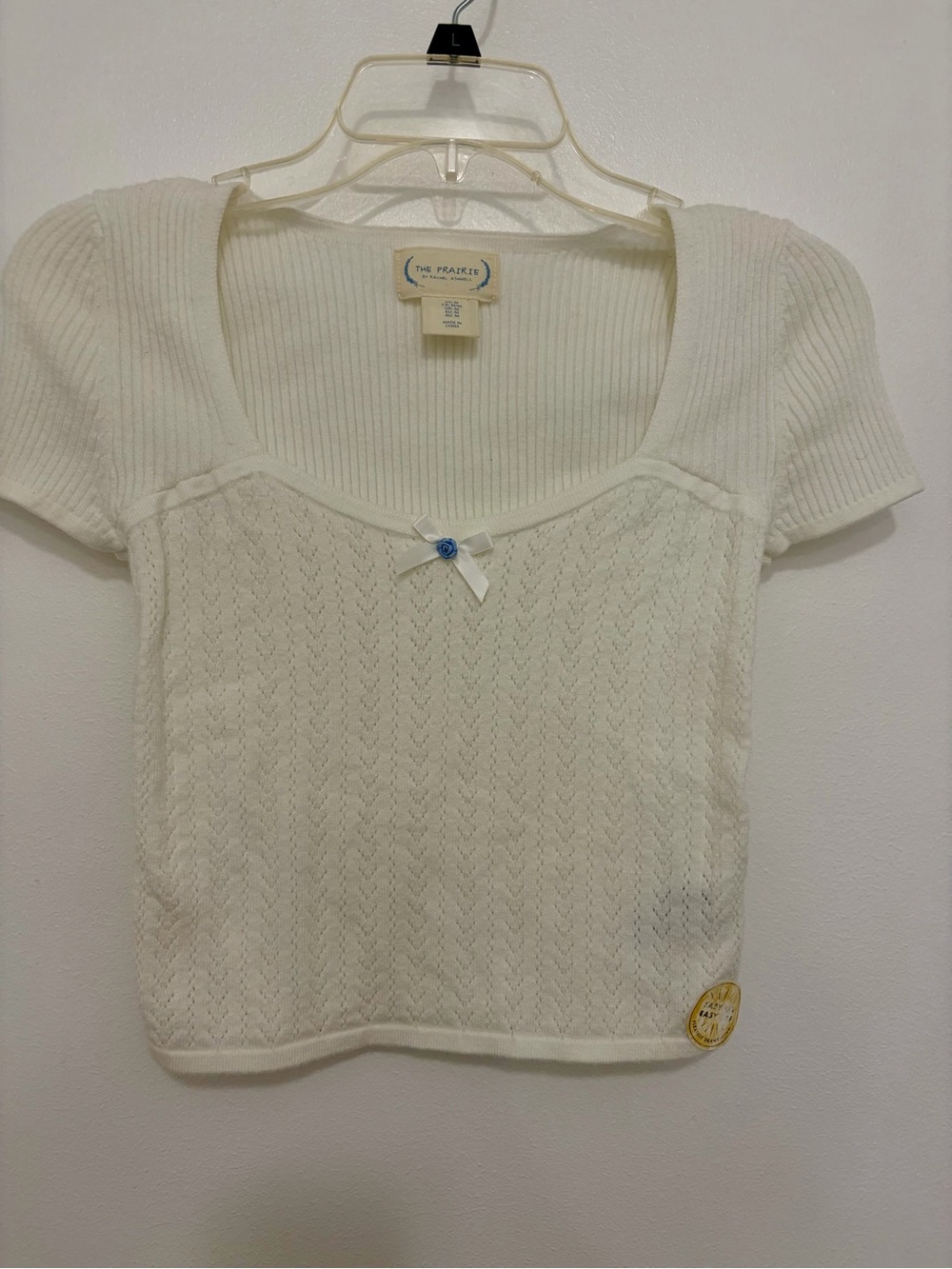 White Short-Sleeve Knit Crop Top with Bow Detail